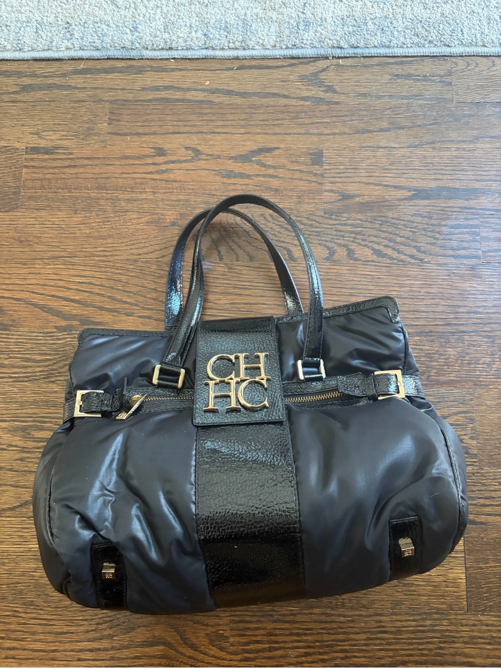 Carolina Herrera Black Quilted Nylon Tote with Gold CH Logo